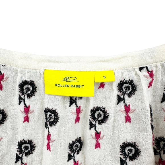 ROLLER RABBIT Blouse Cotton Ivory Embroidered Floral Split Collar Peasant - Picture 6 of 7